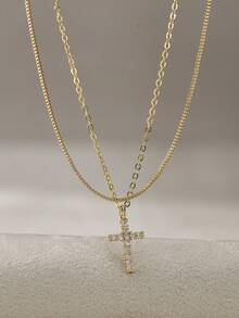 Nooxian 2pcs/Set Fashionable Casual Gold-Tone Cubic Zirconia Cross Pendant Double-Layer Necklace Set For Women