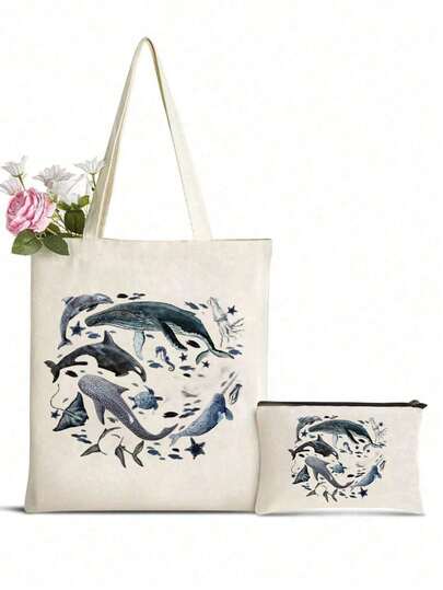 Shark Print Handbag And Makeup Bag, Shark Lover Print Bag, Shark Print Hand-Held Tote Bag, Storage Bag, Toiletry Bag, Suitable For Women'S Cosmetic Storage, College Dormitory Cosmetic Storage, Women'S Travel, Gift Bag, Colorful Letter Print Fun Makeup Bag, Christian Theme Handbag And Makeup Bag Set, Tie-Up Design - Perfect For Valentine'S Day, Wedding, Birthday, Christmas, Thanksgiving, Halloween, Easter, New Year And Other Festivals