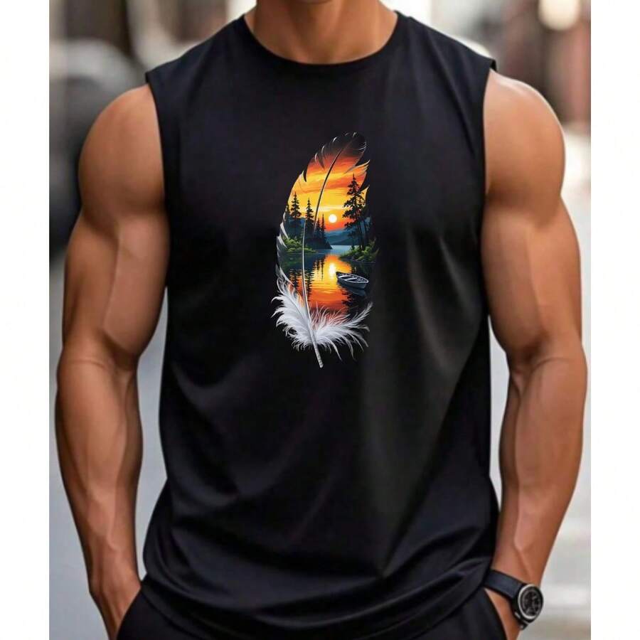 Men's Short Sleeve Summer Tank Top 100% Cotton Basic Round Neck Tank Top - 黑色 - 查看 1