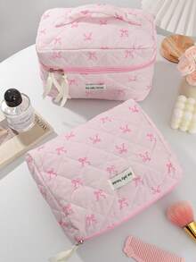 1 pièce/set Sac de rangement cosmétique grande capacité avec design nœud papillon rose et dentelle. Sac de rangement à cordon pour produits de soins de la peau de voyage. Sac pour serviettes hygiéniques, indispensable pour les courts voyages. Sac de maquillage et portable multifonctionnel pour ranger le rouge à lèvres, les serviettes hygiéniques, les pièces, les clés, etc. Grand sac de lavage mignon pour l'organisateur de voyage, sac cosmétique pour voyage, cadeau pour la fête des mères, cadeau pour la rentrée scolaire