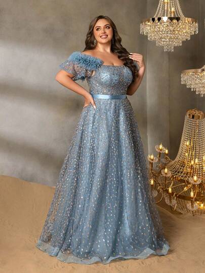 Plus Size Women's Off-Shoulder Sequin Formal Dress, With Flowing Short Sleeves And Tie-Back Open Back Design, Elegant A-Line Formal Evening Gown, Suitable For Black Tie Galas, Wedding Guest Dresses, Mother Of The Bride Dresses, Red Carpet Events, And Formal Dinners.