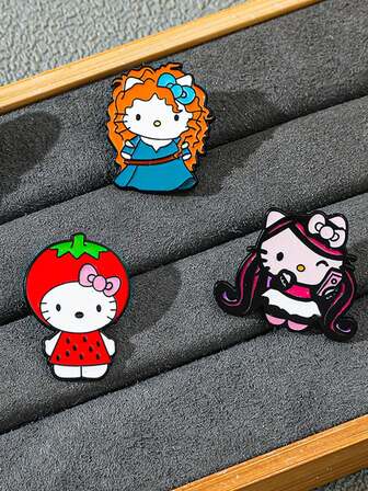 3款可爱卡通创意公主风O'Kitty猫金属徽章。三丽鸥合金油滴胸针配饰别针。翻领别针背包徽章女士胸针服装礼品珠宝时尚配饰