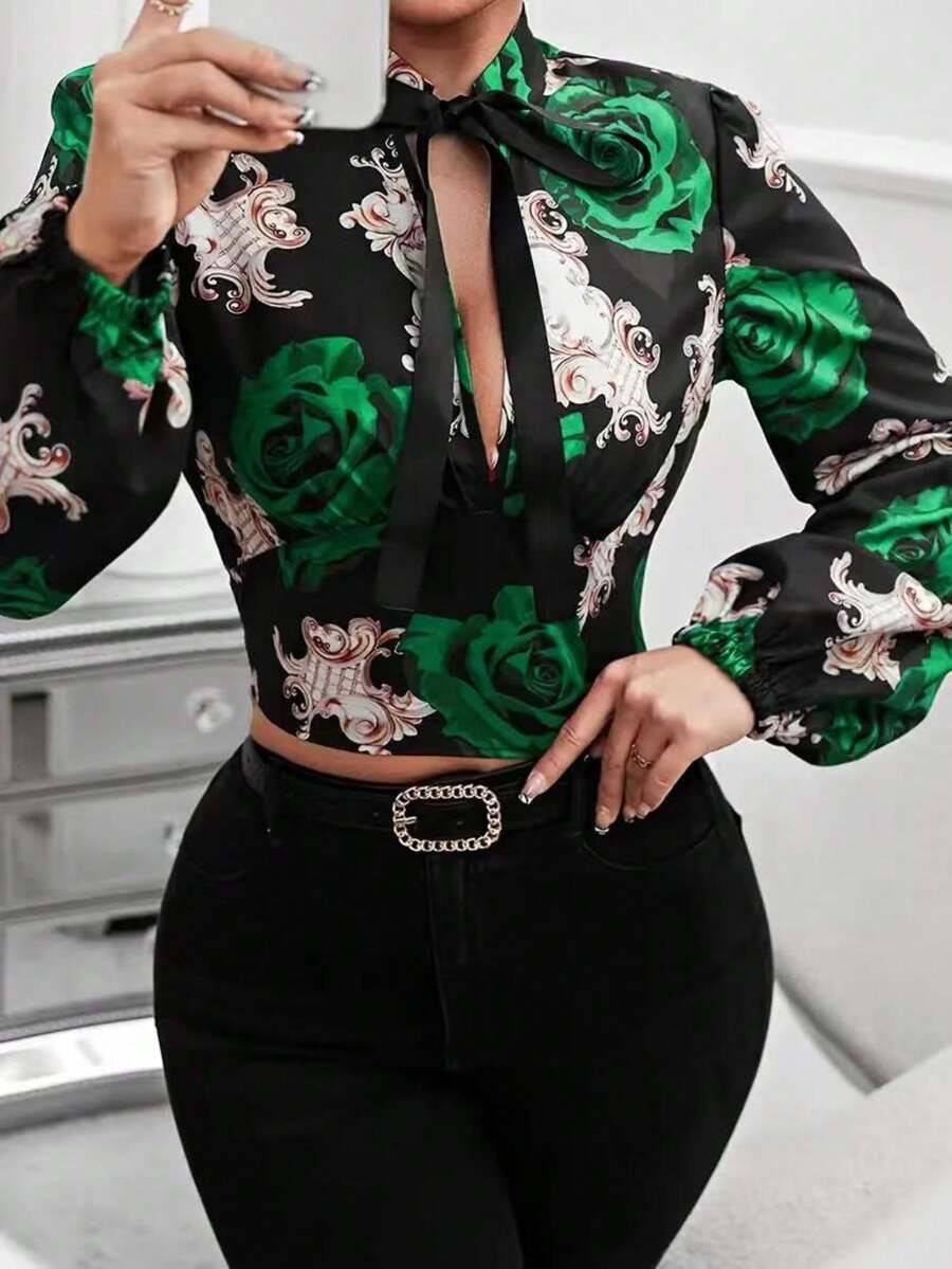 Ditsy Floral Long Sleeve Blouse, Fashionable For Commuting Vacation Spring - Multicolor - View 1