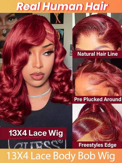 99J Burgundy Bob Wig 200% Density Glueless 13x4 Lace Front Body Wave Bob Wig Human Hair Pre-Plucked Transparent Lace Front Wigs Human Hair Natural Look Wig For Women