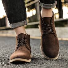 Brown Suede Leather Men's High-Top Western Boots, Non-Slip Durable Lace-Up Western Boots, Retro British Style Casual Fashion Western Boots For Autumn - Brown - View 6