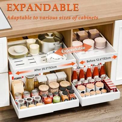 An Expandable Pull-Out Cabinet Drawer Ranging From 32cm To 52cm, With A Heavy-Duty Metal Frame And Nano Film Slide Rail. It Can Be Adjusted To Hang Adhesive In The Kitchen Storage Room And Bathroom Organizer, And Has A Smooth And Silent Sliding Drawer With Damping System. It Is Suitable For Organizing Kitchen Cabinets, Sinks, And Storage Rooms