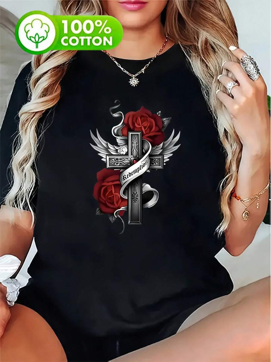 Camiseta gráfica casual para mujer con diseño de rosas y cruces - Suave, ajuste holgado, manga corta, cuello redondo, negro con alas blancas y diseño de rosas rojas, camiseta deportiva | Ropa de ocio | Uso cómodo - Negro - Ver 1