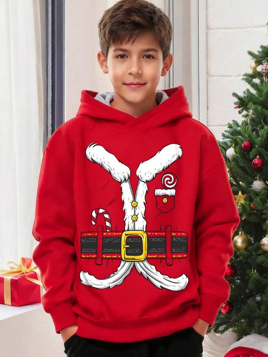 Christmas Teen Boy Fashion Creative Christmas Graphic Print Casual Versatile Sweatshirt, Suitable For Street, Outdoor, Holiday, Daily Wear - Red - View 1