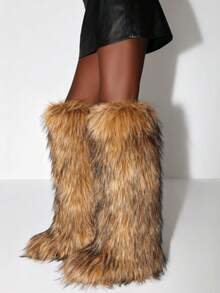 2025 Winter Knee High Boots Pull-On Faux Fur Boots Furry Fluffy Round Toe Fashion Boots For Women Suede Comfy Plush Warm Knee High Boots Outdoor Indoor Flat Shoes EdgyElongate Party Dressy Women Winter Autumn Fall Boots - 過膝棕色 - 查看 9