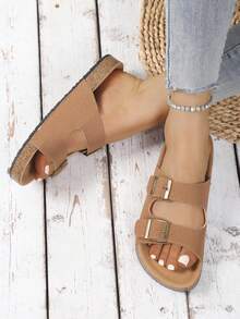 Women's Summer New Flat Slippers, Comfortable Lightweight Slip-On Metal Buckle Sandals, Suitable For Dates, Outings, Parties, Beaches, Vacations, Fashion Versatile Women Slides - Camel - View 4