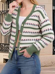 Women Knit Cardigan Long Sleeve Button Closure Flower Fall Casual Jacket Sweater - Green - View 4