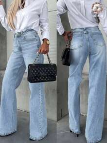 Women's Fashionable Casual Loose Fit Wide Leg Distressed Denim Pants - Light Wash - View 1