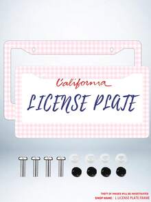 2PC Pink Gingham Checkered Pattern Aluminum License Plate Frame 6x12 Inches With Screw Kit, Retro And Cute Car Decor Accessory Vehicle Personalization, Fun And Quirky Design As A, Universal Size Fits Standard US License Plates - 12x6 inch - Xem 1