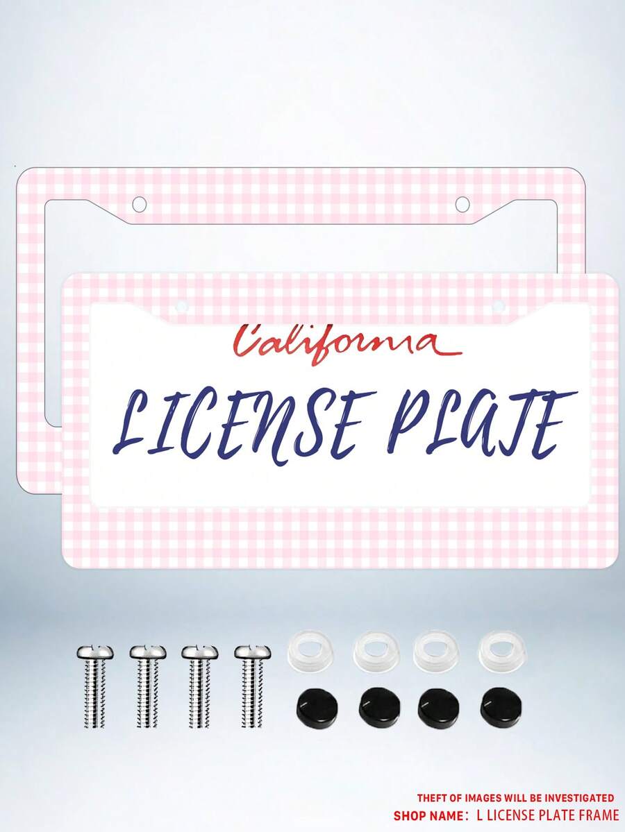 2PC Pink Gingham Checkered Pattern Aluminum License Plate Frame 6x12 Inches With Screw Kit, Retro And Cute Car Decor Accessory Vehicle Personalization, Fun And Quirky Design As A, Universal Size Fits Standard US License Plates - 12x6 inch - Xem 1