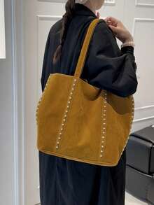 1pc Vintage Suede Large Capacity Shoulder Bag, New Handbag, Suitable For Work, Shopping, School And Other Occasions - Brown - View 4