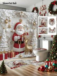 1/3/4pcs Merry Christmas Winter Decorations Shower Curtain Set Santa Tree Ball Faux 3D Cute Red Golden White Shower Curtain Bathroom Set, Minimalist Cartoon Waterproof And Wear-Resistant Accessories,With 12 Hooks - Includes Toilet Seat Cover, Bath Mats, And Rugs - Non-Slip Polyester Fabric - Washable - Perfect For Holiday Decor,Home/Bedroom/House/Western Decor