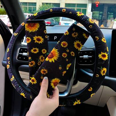 Sunflower Car Interior Set, Sunflower Printed Steering Wheel Cover, Seat Belt Cover, Anti-Slip Elastic Universal Car Styling Print, Slight Deviation In Printing Position