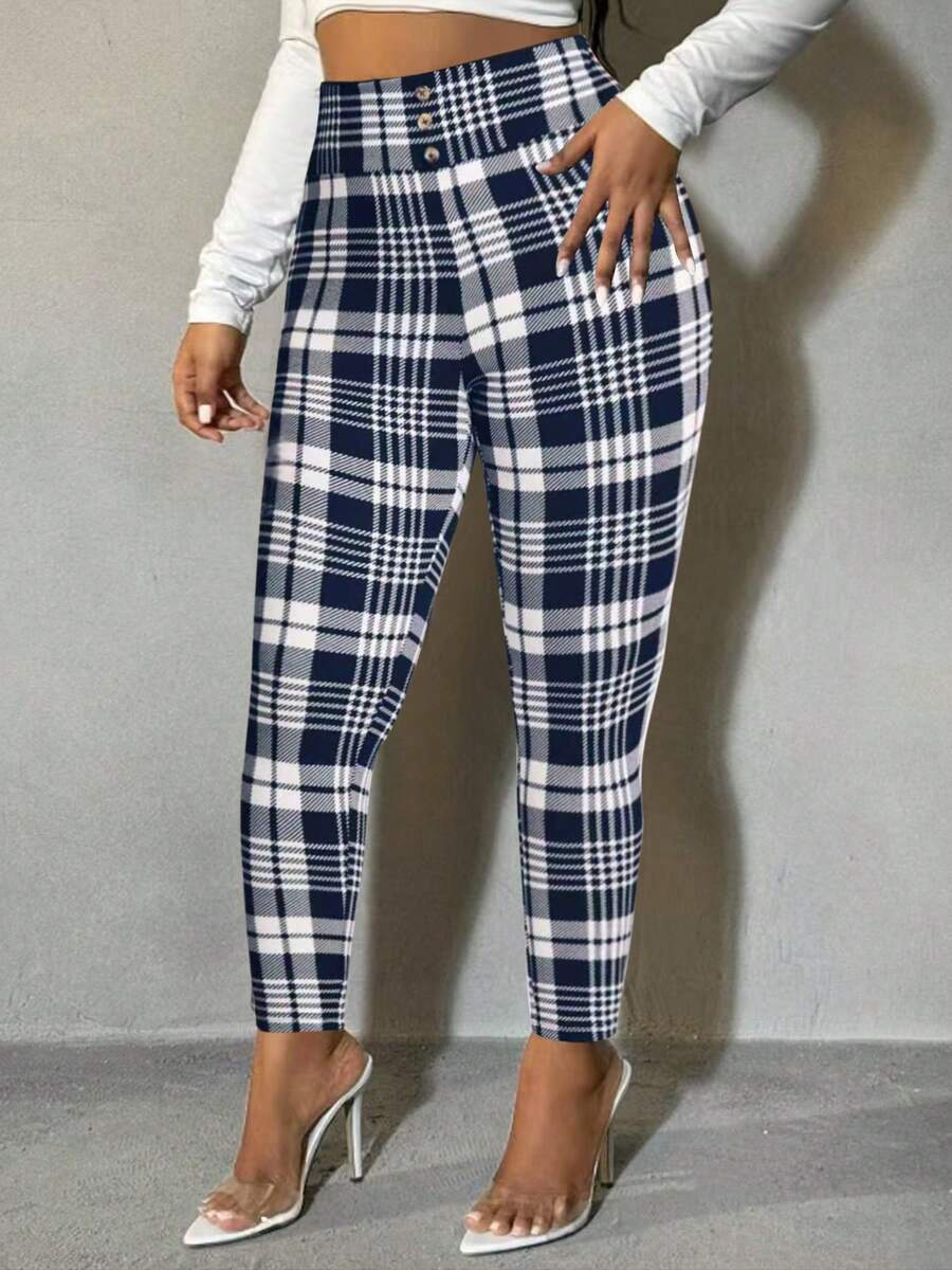 Leggings capri de talla grande para mujer, de tela de punto a cuadros con estiramiento medio y ribete de contraste