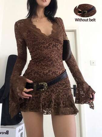 2pcs/Set Women's Lace Patchwork Flare Sleeve Dress, Spring/Summer