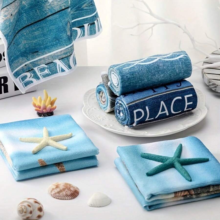 2/4/6/8/10/12 Pcs Coastal Beach Kitchen Towels - High Absorbency Microfiber, 15.75x23.62 Inch, Vibrant Coastal Designs With Sea Turtles, Shells & Beach Rules Quotes, Machine Washable For Bathroom, Kitchen Decor, Blue Coastal Theme, Playful Towel Design, Beach Towels