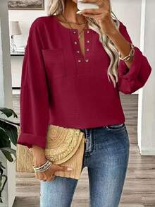 Plus Size Casual Solid Color Pocket Batwing Sleeve Shirt - Burgundy - View 2