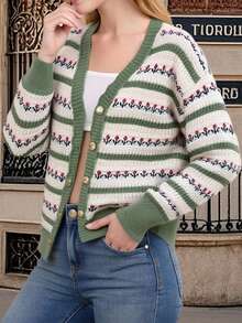 Women Knit Cardigan Long Sleeve Button Closure Flower Fall Casual Jacket Sweater - Green - View 6