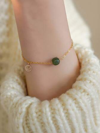 BALMORA 1 S925 纯银复古优雅合成玉石圆珠手链女士节日珠宝生日礼物