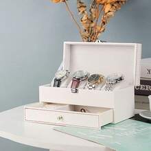 Estuche organizador de relojes, caja de reloj de doble capa cuero con 4 ranuras con ventana de vidrio real, vitrina de almacenamiento de joyas para mujeres, hombres, padre, esposo, novio - 4 casillas blancas - 2 capas - Ver 7