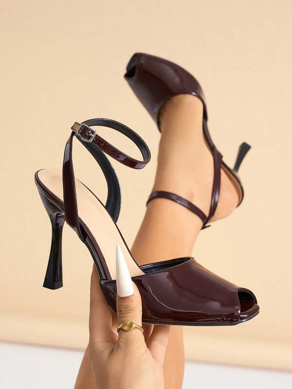 Women's High Heel Mules Sandals, Classic Square Toe Criss-Cross Strap Buckle Closure Solid Color Smooth Texture Comfortable Material, Suitable For Seasons, Nightclub Party Travel Shopping Dating Elegant High-End Banquet Sexy Avant-Garde Retro High-End Wine Red High Heel Sandals