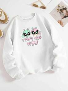 Sweat-shirt rond en coton pour femmes avec graphique mignon d'extraterrestre "Je m'en fiche". Vêtement de sport ample en coton, col rond, tissu épais, convient pour l'automne et l'hiver avec doublure polaire chaude. Top basique décontracté et confortable pour femmes, style polyvalent pour la rue et l'université, manches longues adapté aux temps froids, vêtement de sport de rue pour femmes. - Blanc - Voir 3