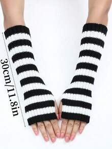 女士黑白条纹针织手套（带连指手套套）一双，秋冬季 - 黑與白 - 查看 4
