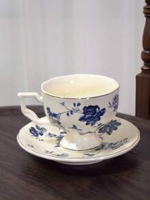 1件100毫升陶瓷法式浓缩咖啡杯碟，下午茶咖啡杯，优雅陶瓷咖啡杯碟，复古下午茶花茶具 - 藍花 - 查看 12