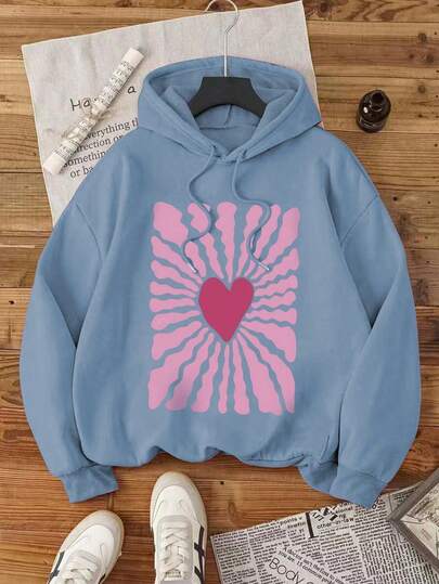 Warmes Damen-Kapuzenpullover-Sweatshirt mit fröhlichem Herzmusterdruck, dicker Stoff für Herbst und Winter, warmes Fleecefutter, Damenoberteil aus Baumwolle, Kapuzenpullover mit überschnittenen Schultern, Oversize-Sweatshirt mit Kurven, modisch und vielseitig, mit einem Sinn für Atmosphäre/Retro-Stil/High-Street-Stil/britischer Stil/Preppy-Stil, geeignet für langärmlige Oberteile bei kaltem Wetter, Kapuzenpullover für Reisen, Italien-Seeater, Festivalkleidung und tägliche Freizeitkleidung