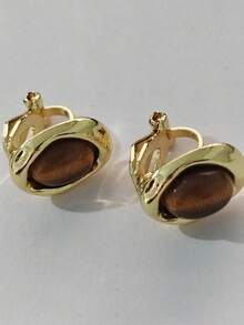 1 Pair Vintage French Style Round Faux Tiger Eye Stone Maillard Clip-On Earrings, Minimalist Geometric Design For Non-Pierced Ears - Yellow Gold - View 10