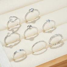 8 piezas Anillo con corazón & con diseño de estrella - Plateado - Ver 8