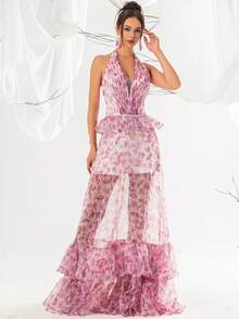 VIPGIRL Elegant Women's Pink Floral Spaghetti Strap Multi-Layer Tulle Backless Maxi Dress, Exquisite Evening Gown, Suitable For Formal Occasions - Pink - View 3