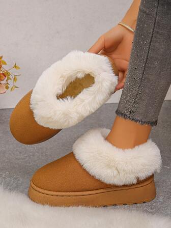 Women's Winter Slip-On Faux Fur Snow Boots, Daily & Outdoor Wear, Plush Lining, Thick Sole Indoor Slippers, Warm, Anti-Slip, Flat, Fashion, Suitable For Autumn/Winter