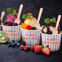 D100 Sets Happy Birthday Ice Cream Party Plies 6 Oz Paper Ice Cream Cups With Wood Spoons BulkBirthday Disposable Sundae Dert Bowls For Hot Or Cold Food Yogurt Bar - 豐富多彩的 - 查看 5