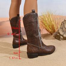 优雅的女士时尚靴子，绣花西部靴，高跟绣花西部靴，时尚绣花牛仔靴，秋冬中筒平底靴，白色、棕色和黑色 - 咖啡棕 - 查看 8