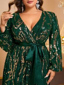 YISIKADO Plus Size Women Sequin Cross V-Neck Long Sleeve Evening Gown - Màu xanh lá cây đậm - Xem 7