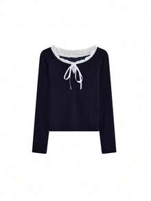 Women's Frill Trim Front-Tie Long Sleeve Casual T-Shirt, Spring And Summer