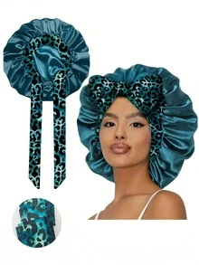 1pc Thick Satin Silk Sleep Cap, Drawstring, Suitable For Curly Hair And Braids, Extra Large Size (Random Print Pattern), Green Leopard Print Hair Sleep Cap Sleep Bonnet - NPS111 - View 27