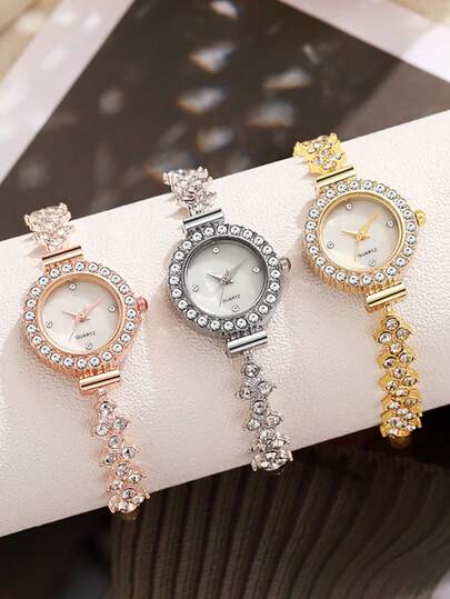 Neue lässige Mode Damen Armbanduhr, süßes rundes Zifferblatt mit Kristallen dekoriert, Armband mit Strass verziert, Quarzuhr aus Legierung, als Geschenk für Studenten zum Schulstart geeignet