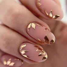 24pcs Short Oval Golden Leaf Design Decorative Nails With Jelly Glue 1 Nail File 1 09SE - 1 盒 - 查看 2