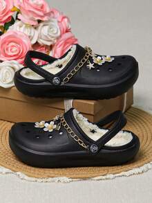 CIVHOM 女士冬季毛绒内衬一脚蹬木屐 - 非 EVA 拖鞋 室内/室外家居鞋，舒适织物衬里 - 黑色 - 查看 5