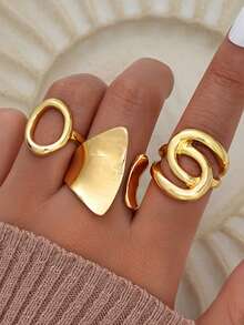 3 件套优雅复古精致派对风格人造珍珠褶边几何金属环套装，几何线条设计适合女性日常、派对、度假穿着，多功能可堆叠，是节日的完美礼物选择 - 款式11 - 查看 7