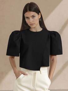 Amyenjoylife 现代菲律宾风衬衫，简洁不规则下摆纯色衬衫，简约优雅泡泡袖圆领套头衫，不规则下摆衬衫，菲律宾风情上衣，感恩节黑色上衣 - 黑色 - 查看 4