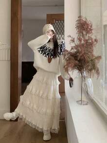 2026 Spring Women's French Lace Layered Brushed Ruched Ruffled Hem Flared Skirt - Apricot - View 8