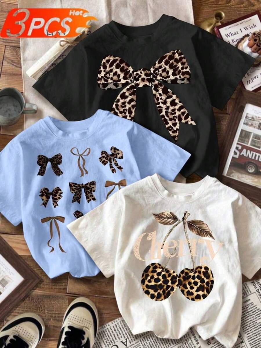 Camiseta femenina casual moda lazo y cereza animal print  tejido suave holgada cuello redondo manga corta primavera verano uso diario T-shirt - Multicolor - Ver 1