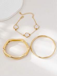 3件时尚简约幸运草和几何波浪手链套装 - 金黃色 - 查看 4